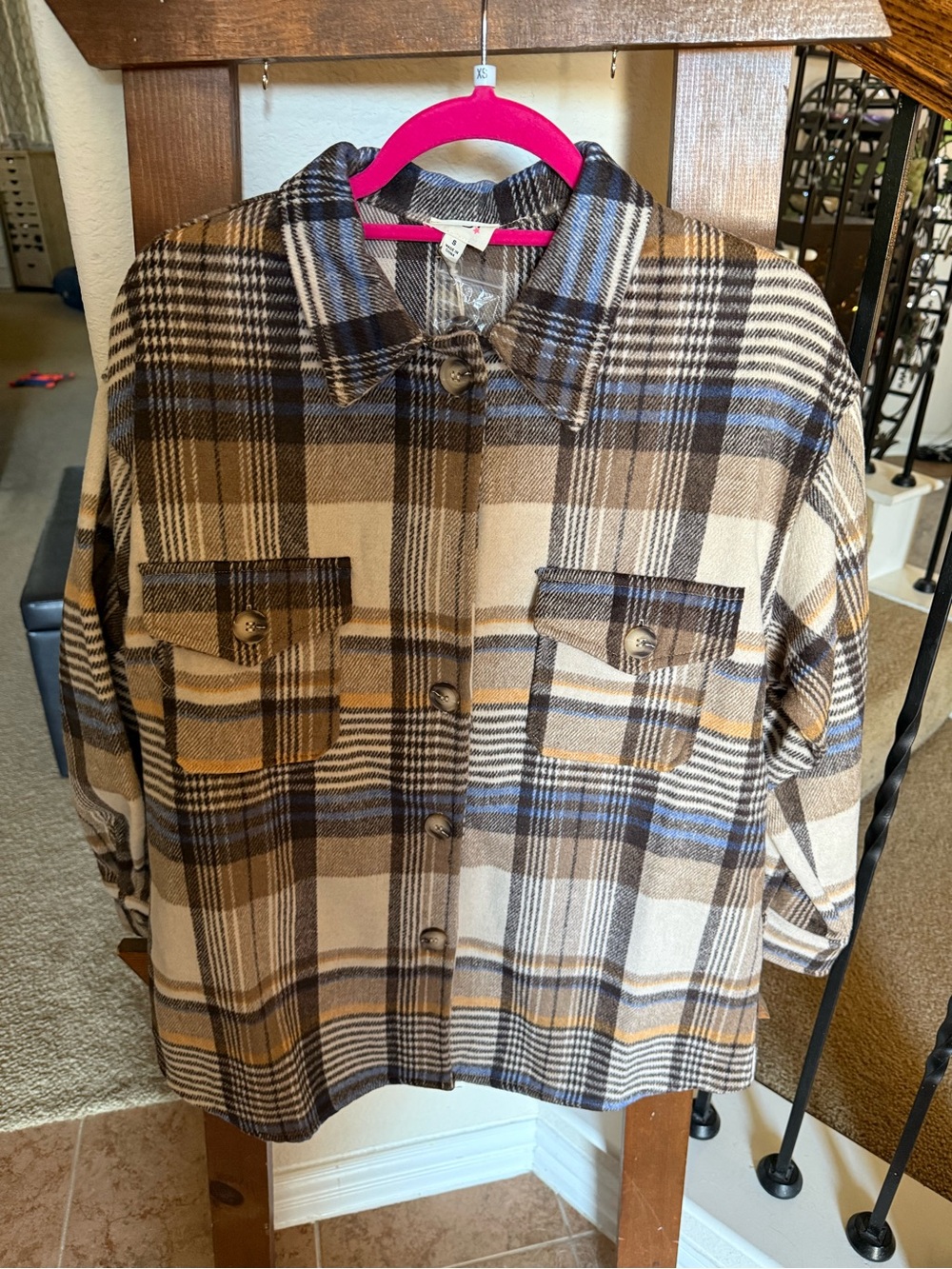 BiBi Plaid Button-Front Jacket in Brown, Tan and Blue